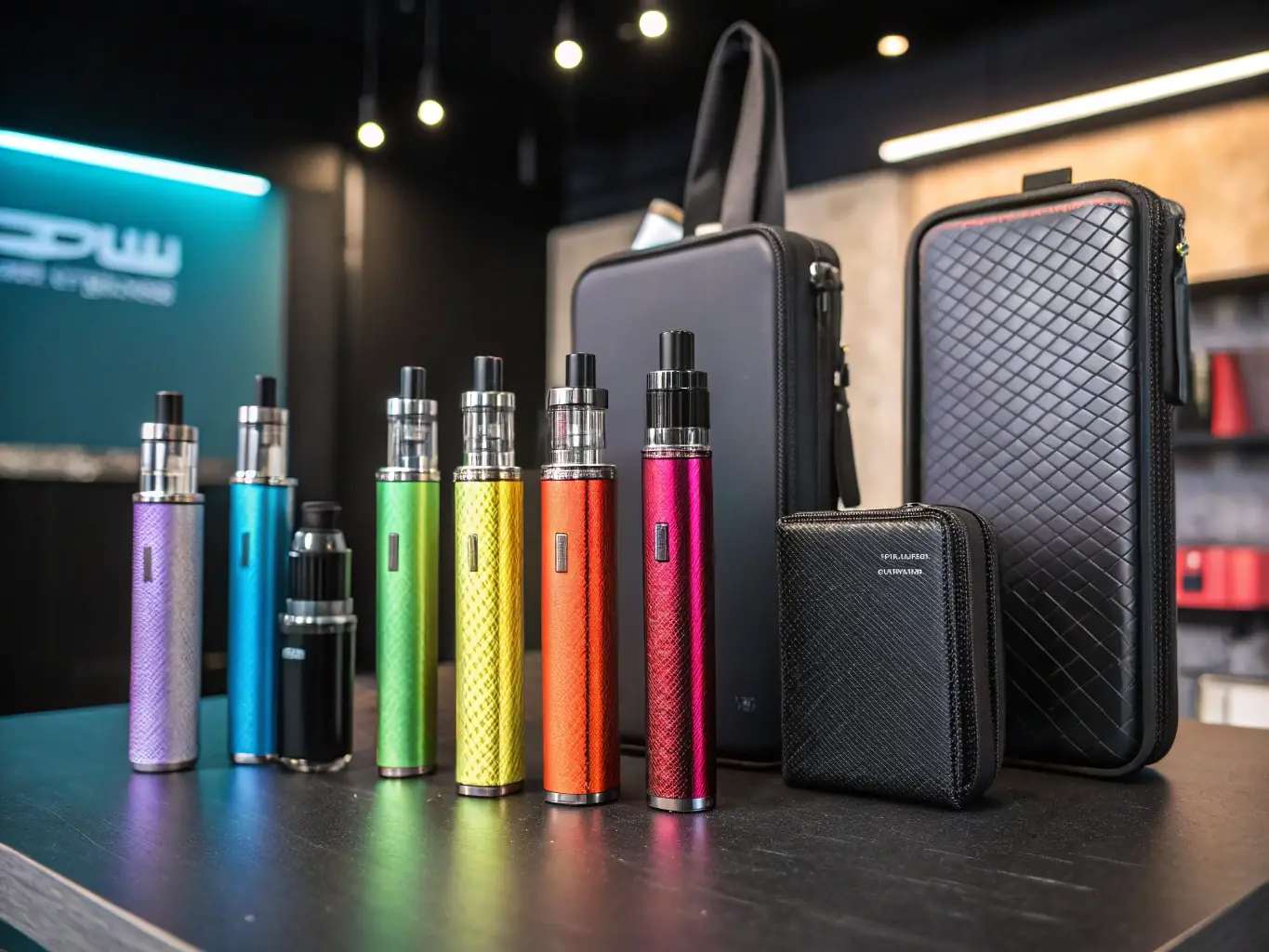 A diverse range of vape products manufactured in the US, including pod systems, mods, and e-liquids, displayed in an organized and appealing manner.